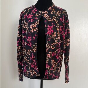 Lands' End Women's Black Cardigan with Pink and Orange Floral